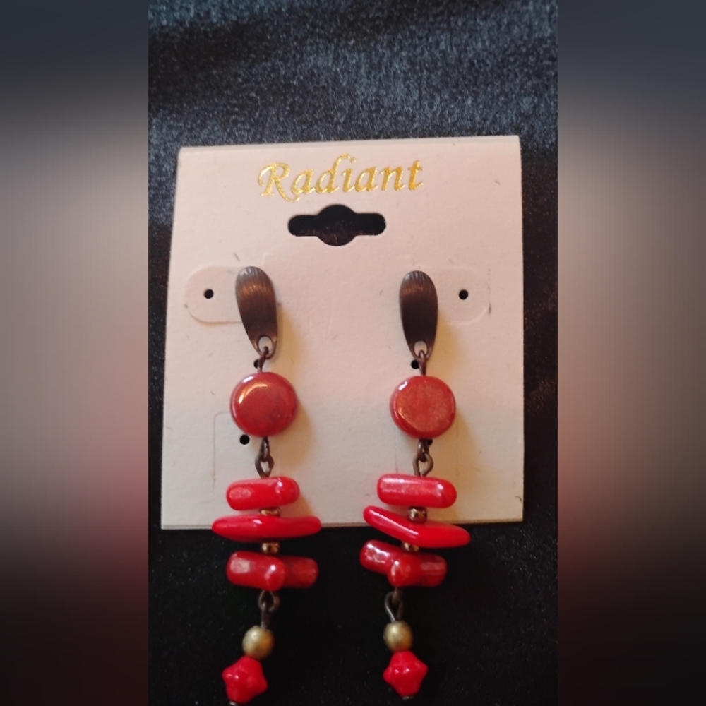 Radiant Faux Coral Red Boho Dangle Earrings Antiqued Copper